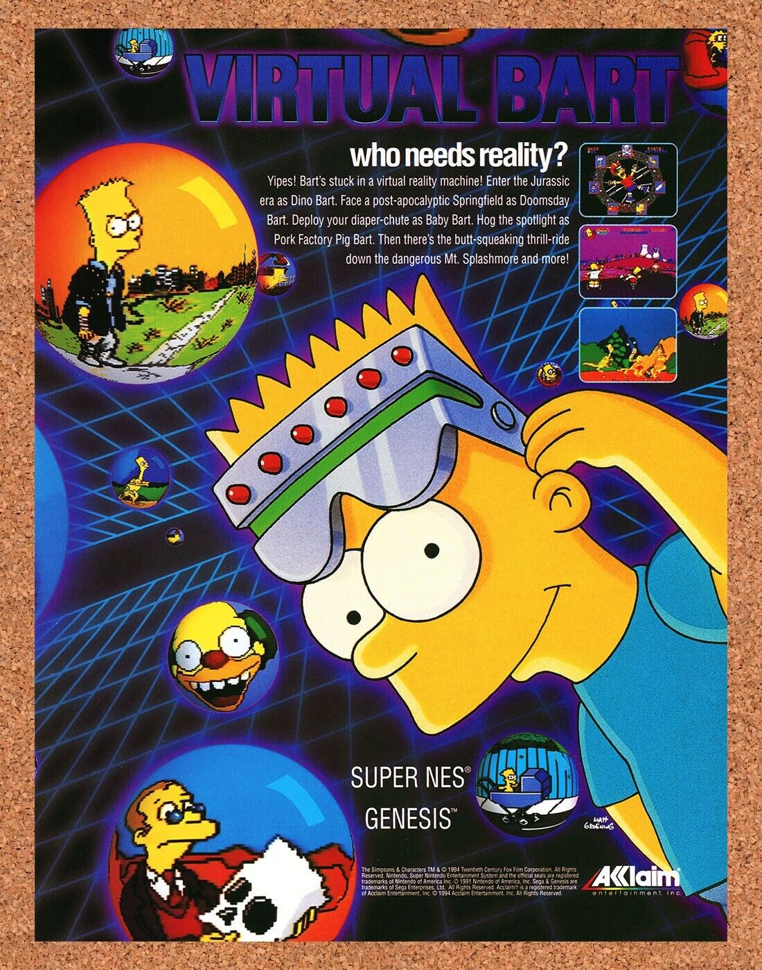 Virtual Bart SNES Original 1994 Print Ad Authentic Simpsons Video Game Art Promo