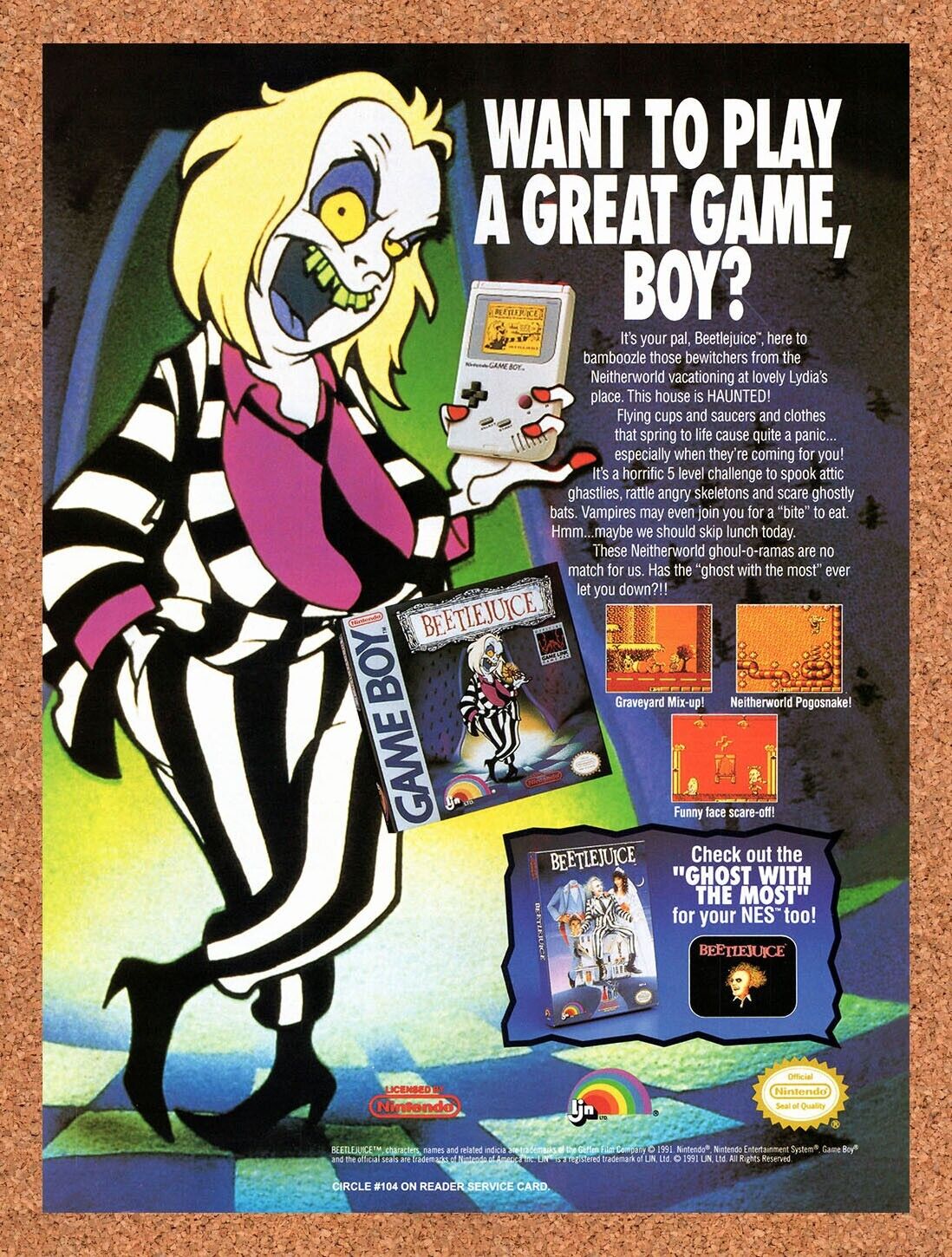 1991 Beetlejuice Game Boy Original Advertisement / Retro Wall Art v1