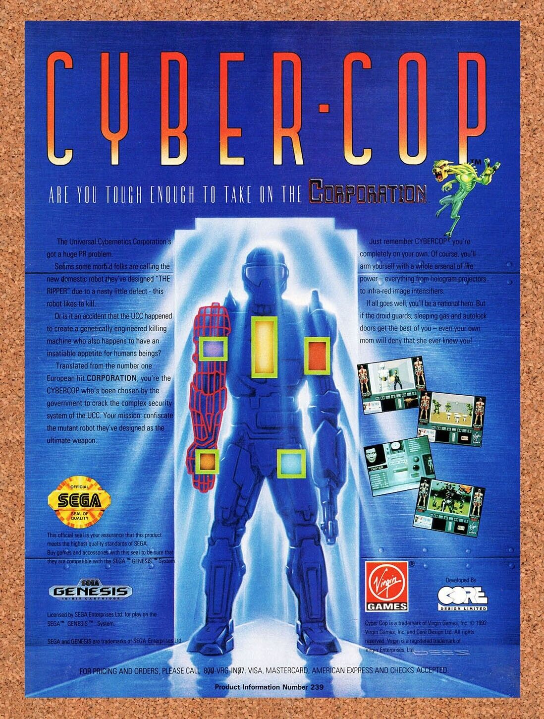 1993 Cyber Cop Genesis Original Advertisement / Retro Wall Art v1