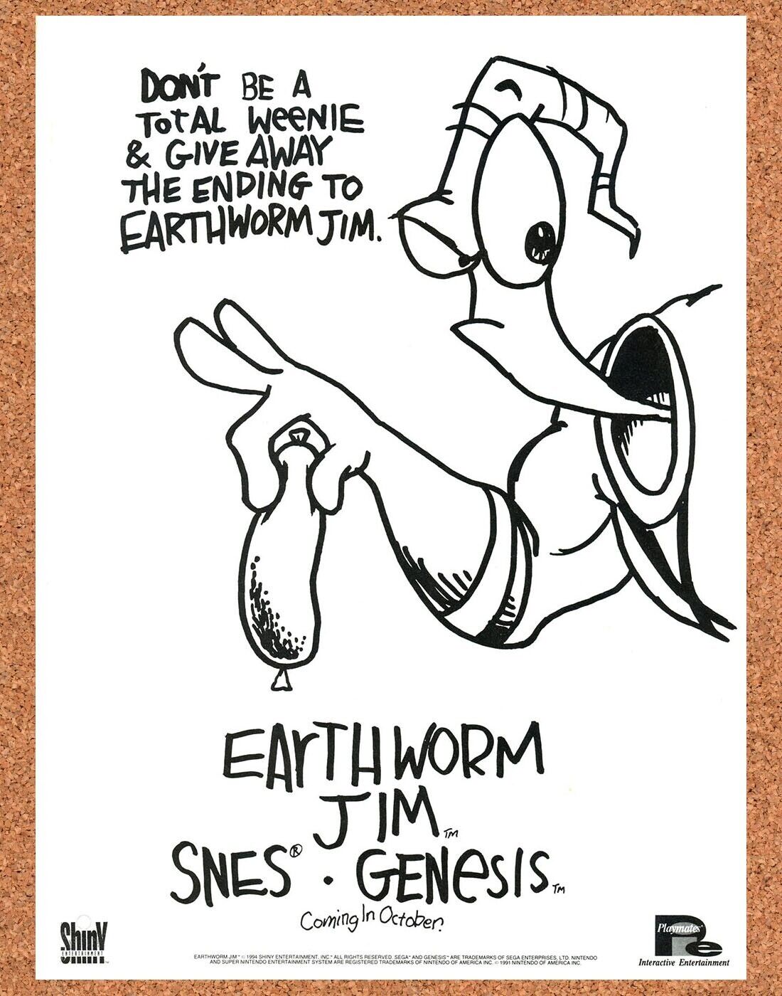 Earthworm Jim Genesis Original 1994 Print Ad Authentic Sega Video Game Art Promo