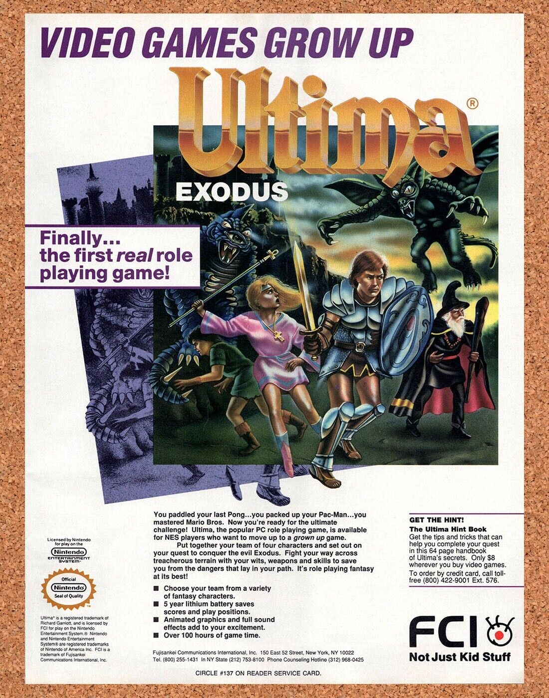 Ultima Exodus NES Original 1990 Vintage Ad - Video Game Art Promo