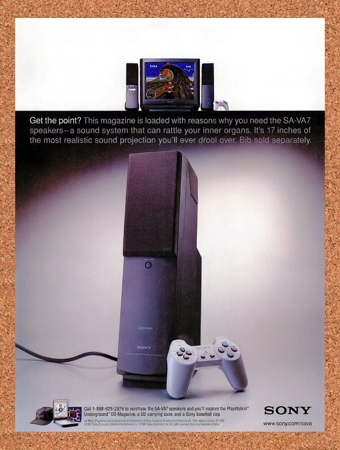 1998 Sony SA-VA7 Surround Sound Speakers Original Ad / Retro Wall Art v1