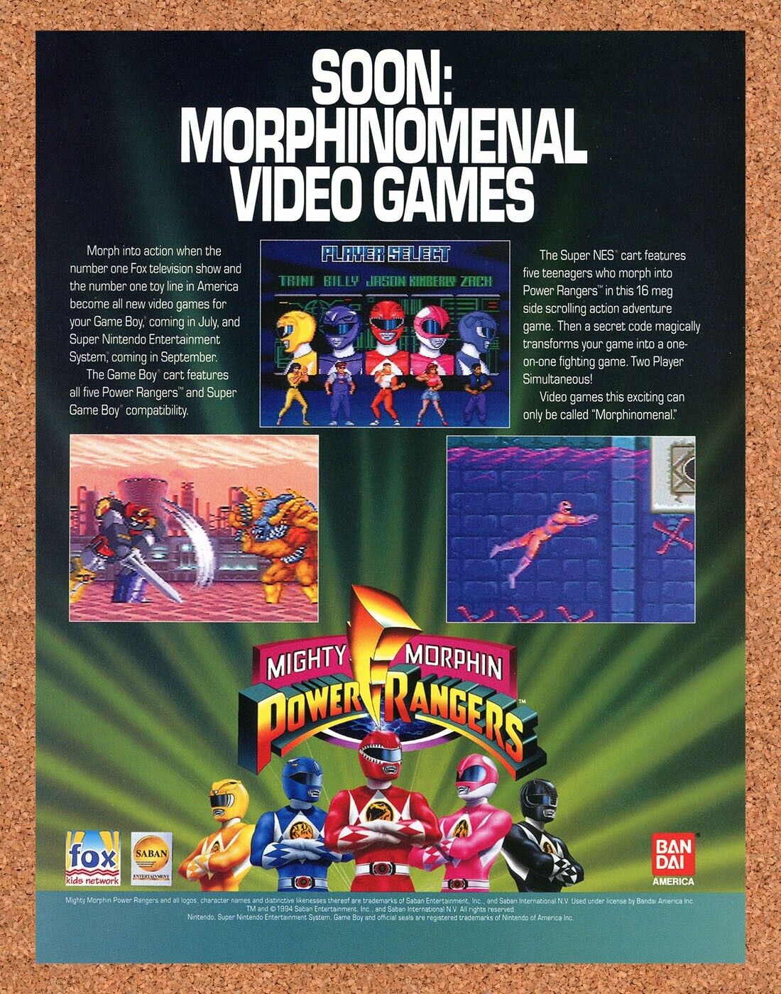 Power Rangers SNES Original 1994 Ad Authentic Fox Kids Bandai Video Game Promo