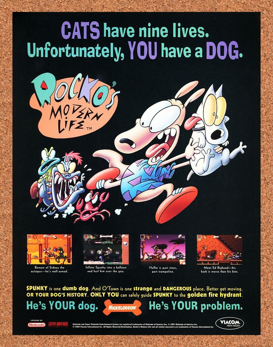 Rocko's Modern Life SNES Original 1994 Ad Authentic Nickelodeon Video Game Promo