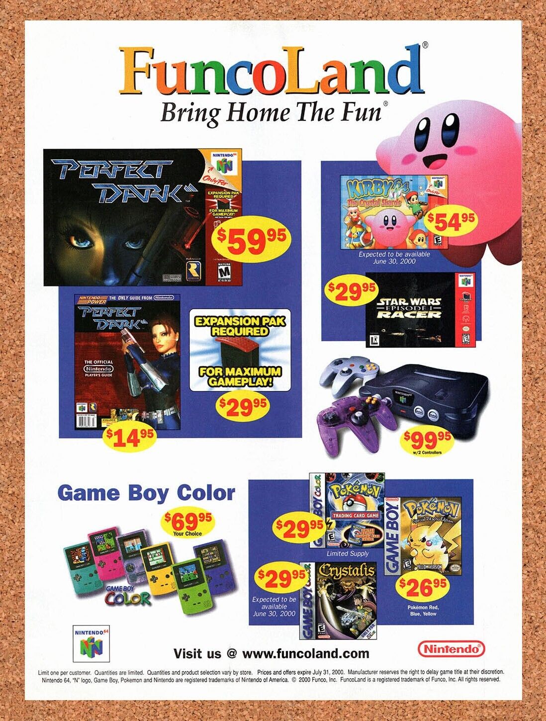 FuncoLand Original 2000 Vintage Ad - N64 Kirby The Crystal Shards Game Promo