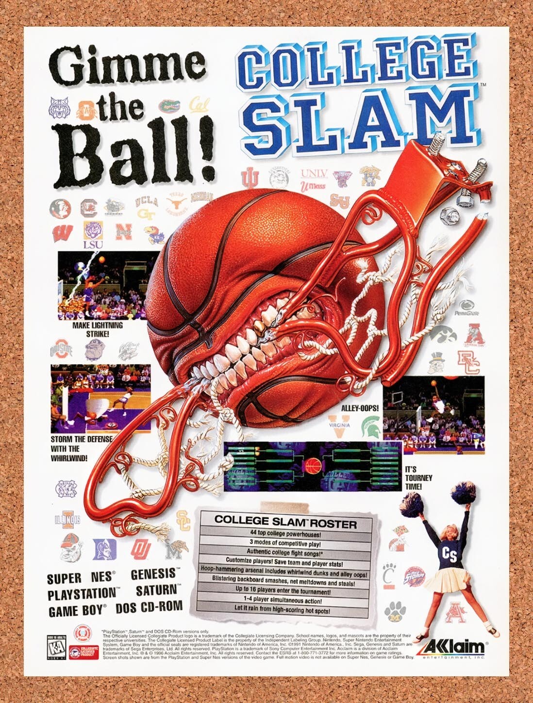 1996 College Slam SNES Original Advertisement / Retro Wall Art v1