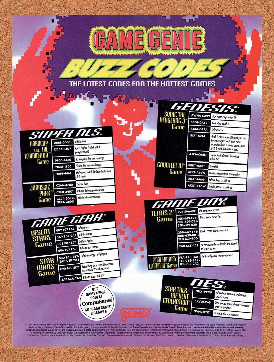 1994 Game Genie Buzz Codes Original Advertisement / Retro Wall Art v5