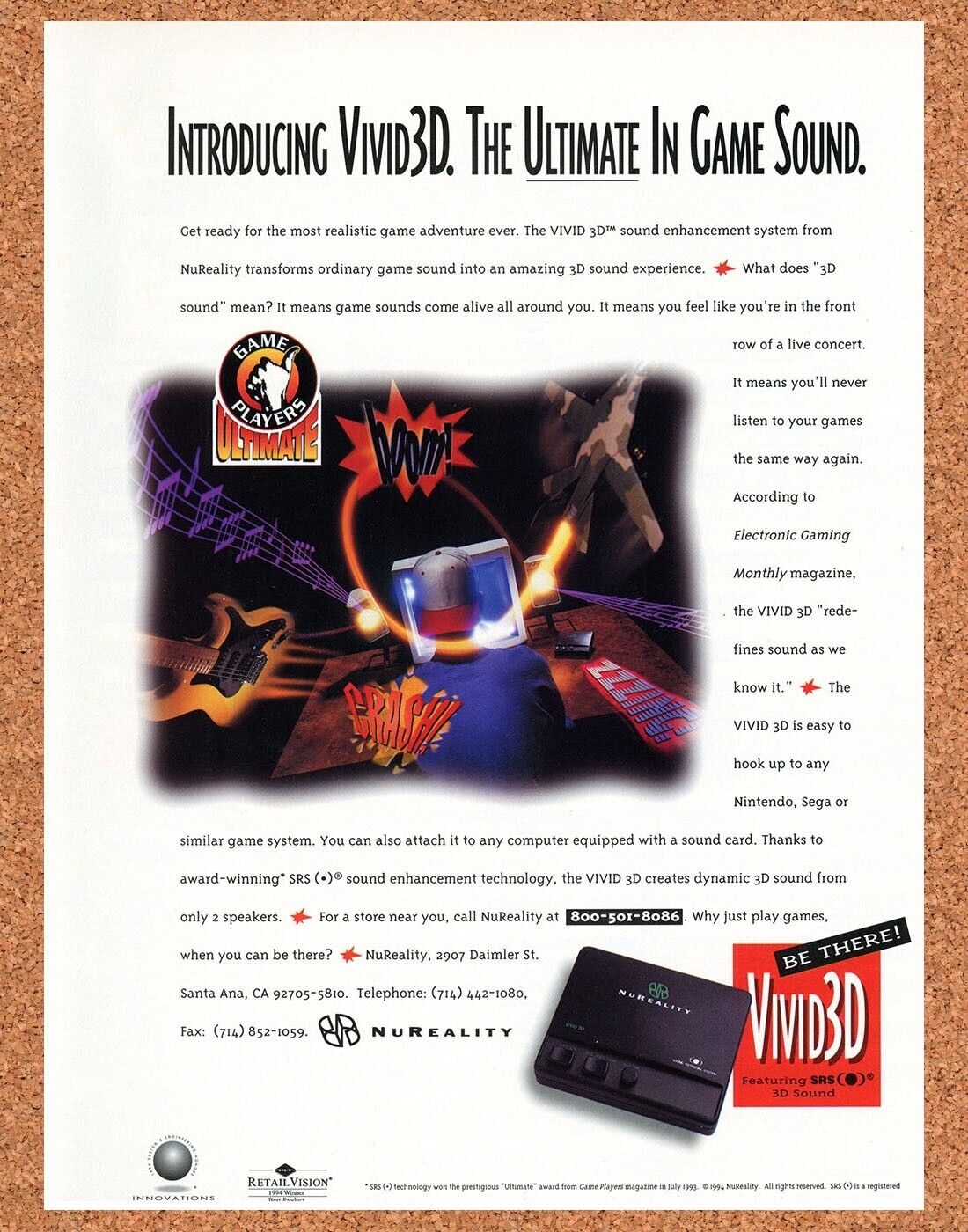 Vivid3D NuReality Sound Enhancer Original 1994 Ad Authentic Video Game Promo