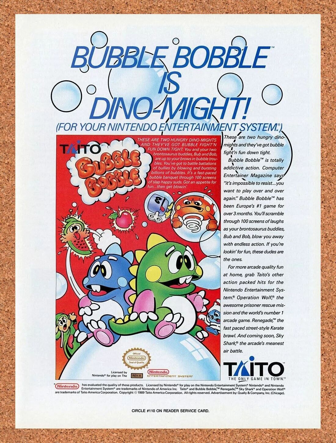 Bubble Bobble NES Original 1990 Ad Authentic Nintendo Video Game Promo