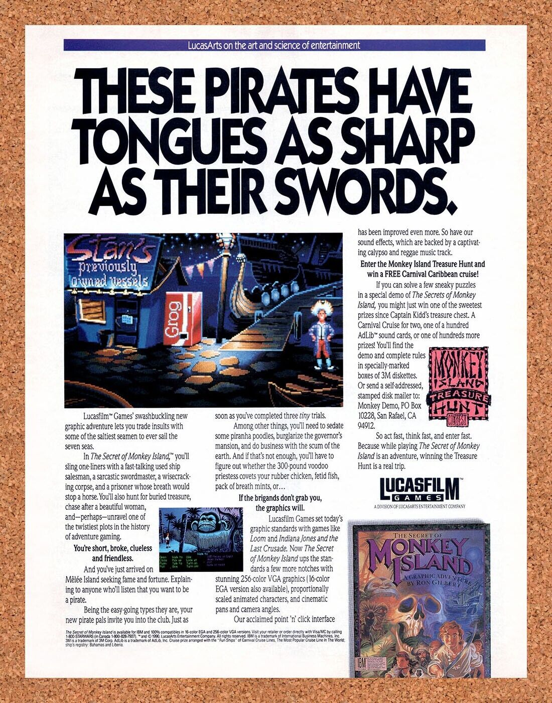 Monkey Island IBM Original 1991 Vintage Ad - Lucas Film Video Game Promo