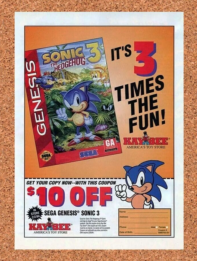 Sonic 3 Genesis Kaybee Rebate Original 1995 Ad Authentic Sega Game Promo