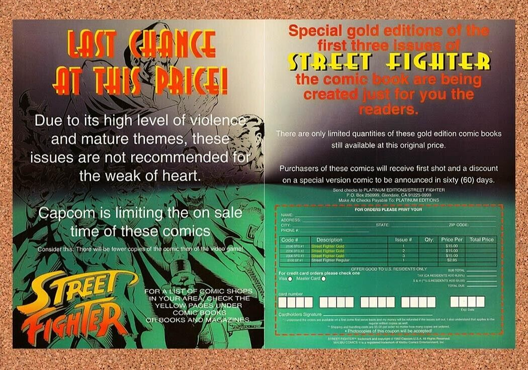 1994 Street Fighter Gold Comic Book Special Original Ad / Retro Wall Art v4