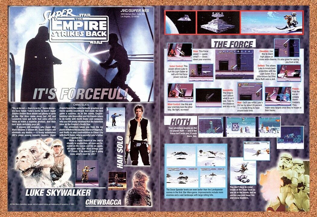 1993 Super Empire Strikes Back SNES Original Advertisement / Retro Wall Art v2