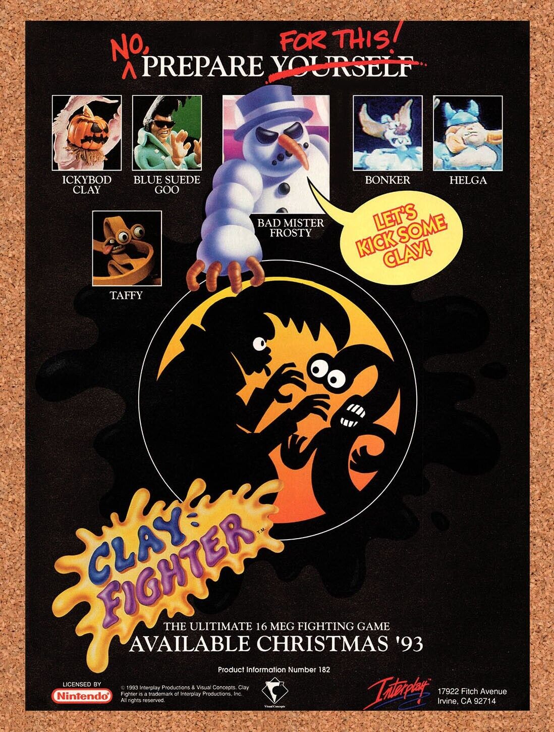 1993 ClayFighter SNES Mortal Kombat Style Original Ad / Retro Wall Art v1