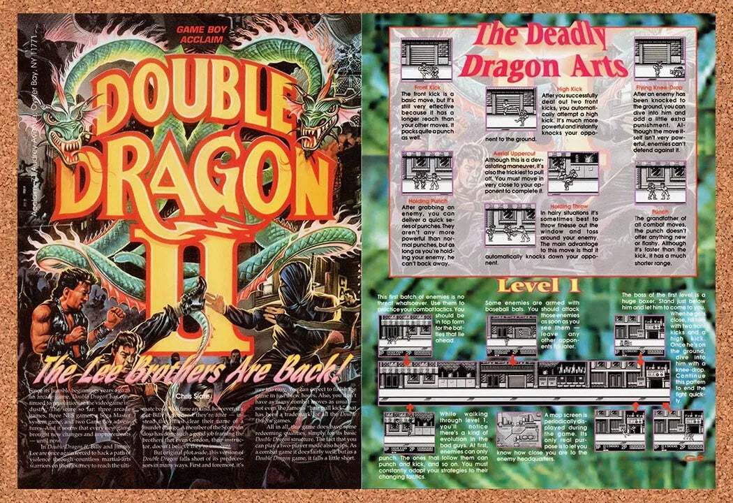 1991 Double Dragon II Game Boy Original Advertisement / Retro Wall Art v3