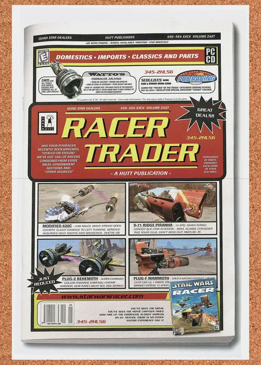 1998 Star Wars Episode I Racer PC Original Advertisement / Retro Wall Art