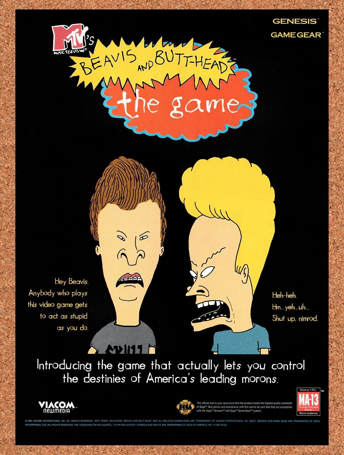 1994 Beavis & Butthead The Video Game Genesis Original Ad / Retro Wall Art v4