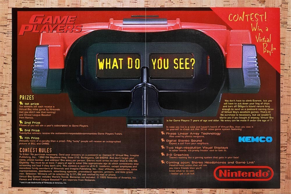 1995 Virtual Boy Name A Game Sweepstakes Original Ad / Retro Wall Art v5