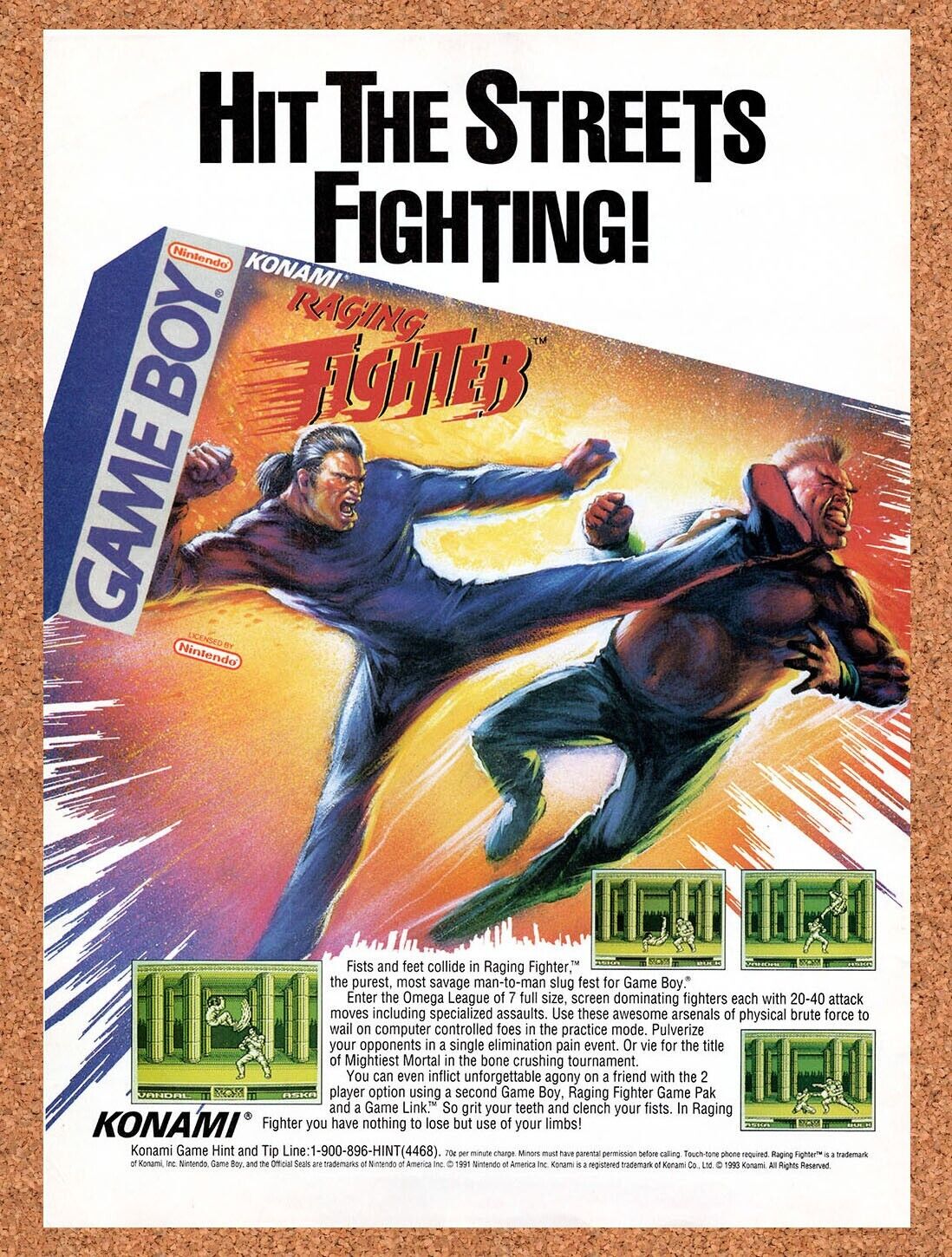 1992 Raging Fighter Game Boy Original Advertisement / Retro Wall Art v1