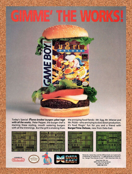 1991 Burger Time Deluxe Game Boy Original Advertisement / Retro Wall Art v1