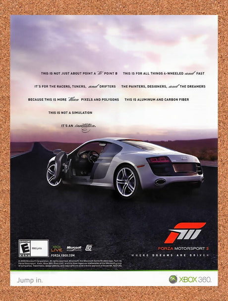 2010 Forza Motorsport 3 Xbox 360 Original Advertisement / Retro Wall Art v2