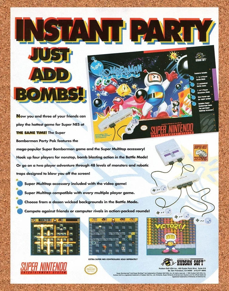 1993 Super Bomberman SNES Original Advertisement / Retro Promo v1