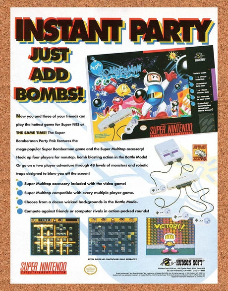 1993 Super Bomberman SNES Original Advertisement / Retro Promo v1