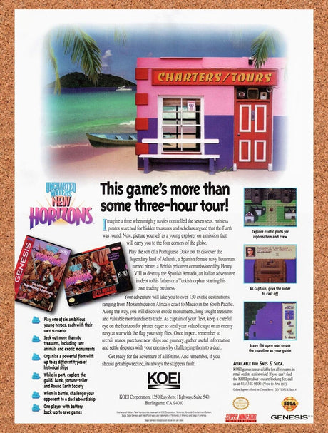 1995 Uncharted Waters New Horizons SNES Original Ad / Retro Wall Art v1