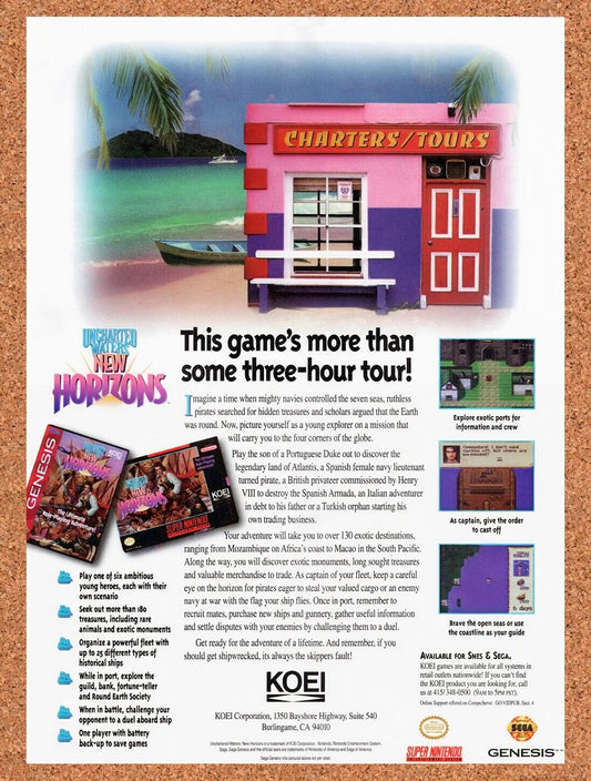 1994 Uncharted Waters New Horizons SNES Original Ad / Retro Wall Art v1