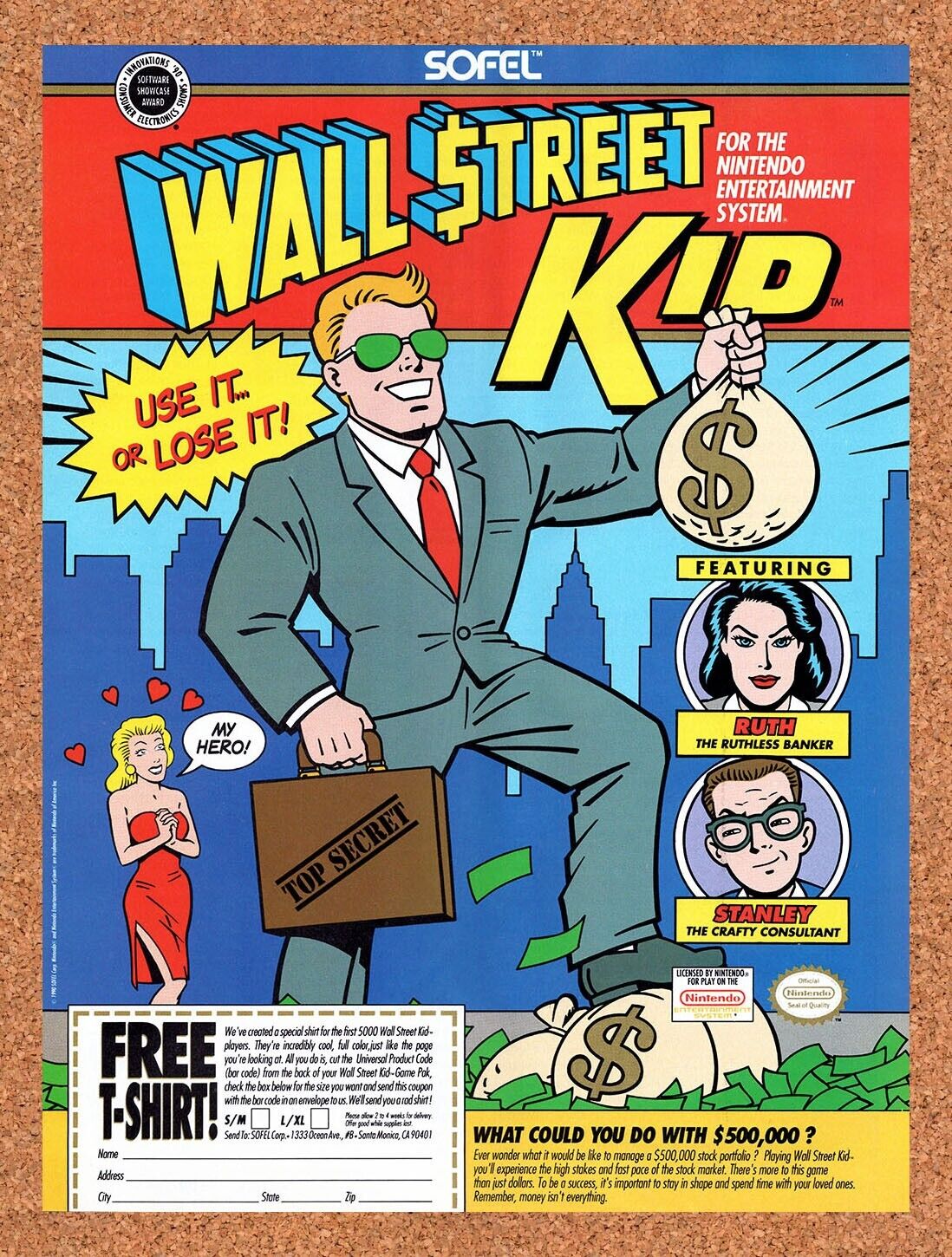 1991 Wall Street Kid NES Original Advertisement / Retro Wall Art v1