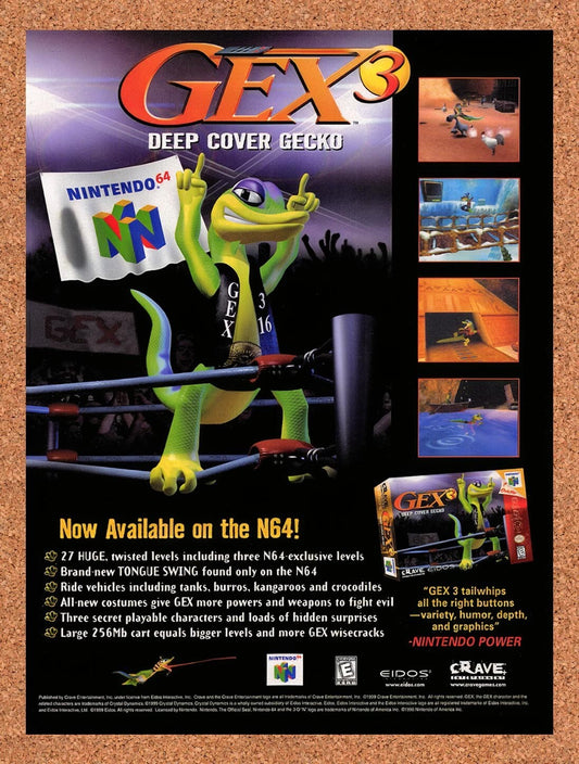1998 Gex 3 Deep Cover Gecko N64 Original Advertisement / Retro Wall Art v1