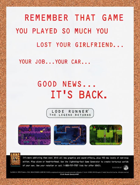 1994 Lode Runner The Legend Returns PC Original Ad / Retro Wall Art v2