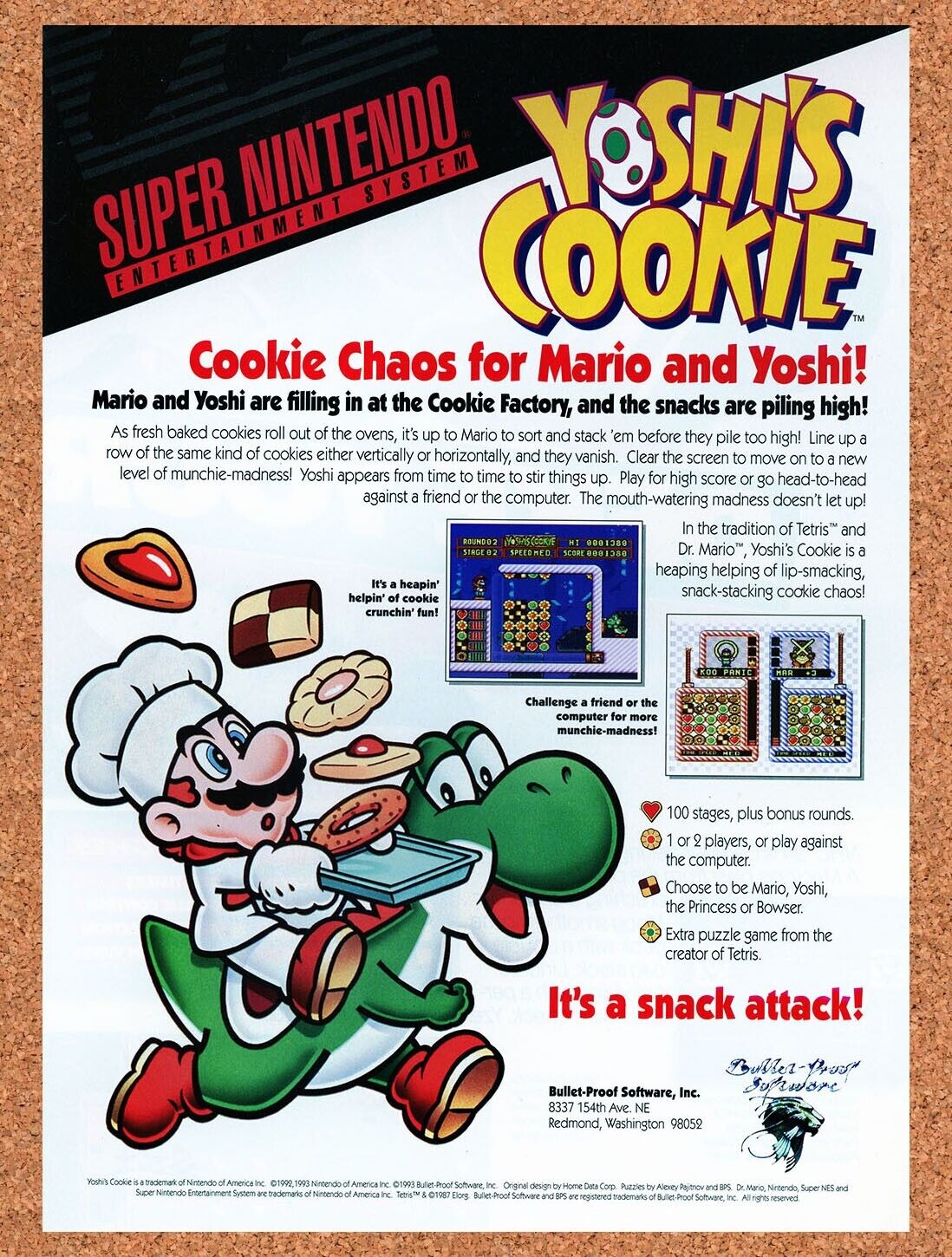 1992 Yoshis Cookie NES Original Advertisement / Retro Wall Art v1