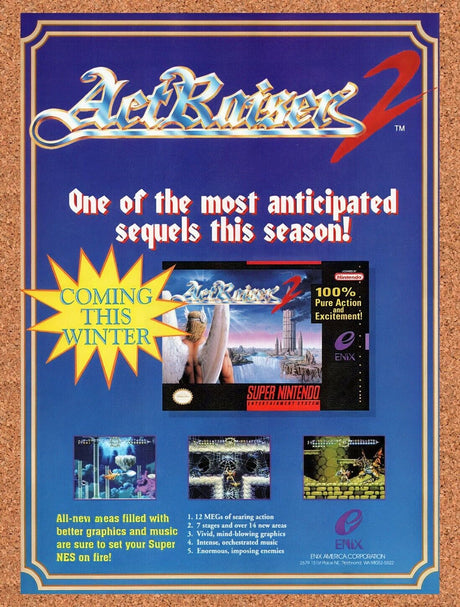 1993 ActRaiser 2 SNES Original Advertisement / Retro Wall Art v2