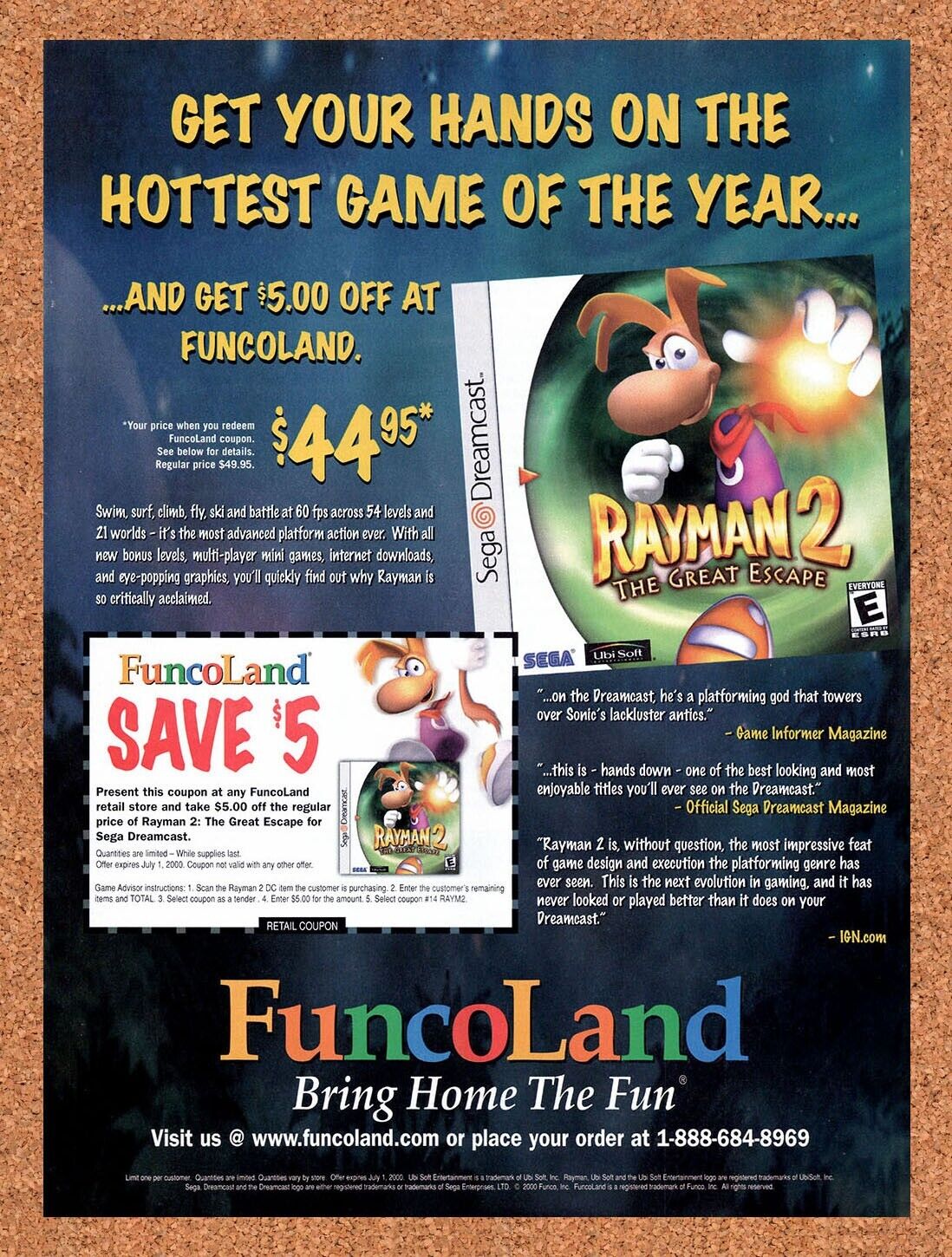 FuncoLand Original 1999 Vintage Ad - Rayman 2 Dreamcast Video Game Rebate Promo