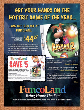 FuncoLand Original 2000 Vintage Ad - Rayman 2 Dreamcast Video Game Rebate Promo
