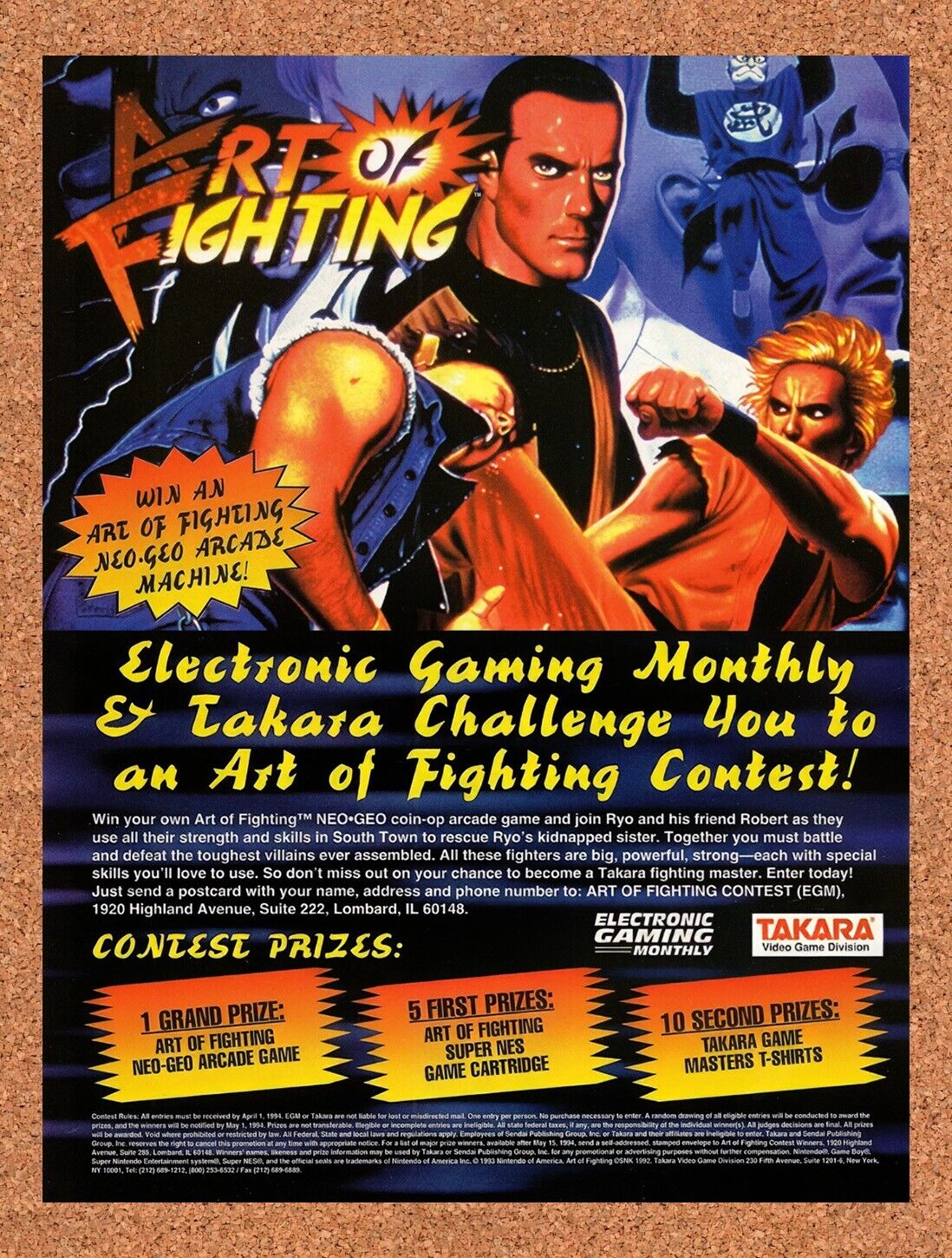 1994 Art Of Fighting Sweepstakes Original Advertisement / Retro Wall Art v2