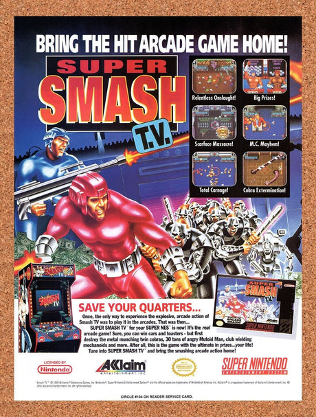 1992 Super Smash TV SNES Original Advertisement / Retro Wall Art v1