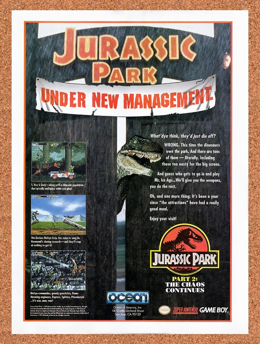 1994 Jurassic Park Part 2 The Chaos Continues SNES Original Ad / Wall Art v1