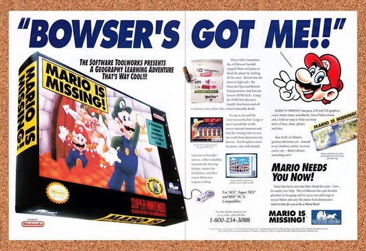 1992 Mario Is Missing SNES Original Advertisement / Retro Wall Art v2