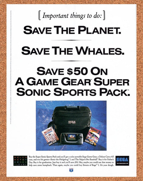 1993 Sega Game Gear Super Sonic Pack Original Advertisement / Retro Wall Art