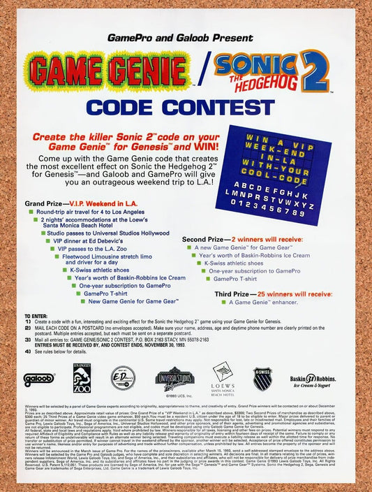 1992 Game Genie Sonic 2 Code Contest Original Advertisement / Retro Wall Art v9