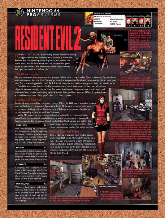 1998 Resident Evil 2 N64 Review Original Advertisement / Retro Wall Art v8