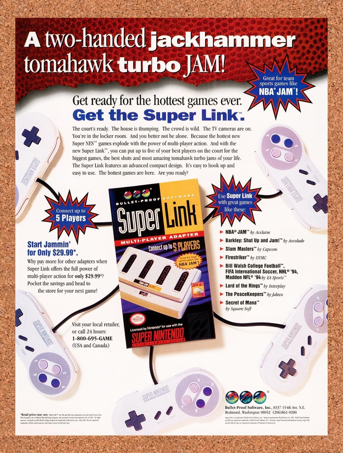 1994 Nintendo SNES Super Link Original Advertisement / Retro Promo va7