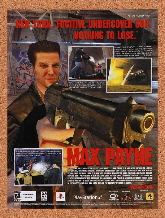 2000 Max Payne PS2 Original Advertisement / Retro Wall Art v9