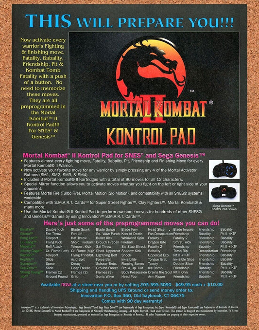 Mortal Kombat II SNES Original 1993 Ad Authentic Kontrol Pad Video Game Promo