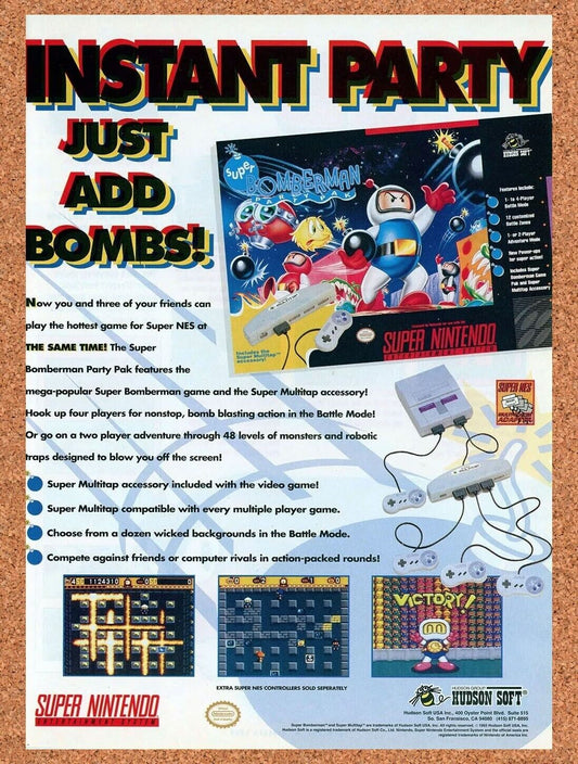 Super Bomberman SNES Original 1994 Ad Authentic Super NES Video Game Promo