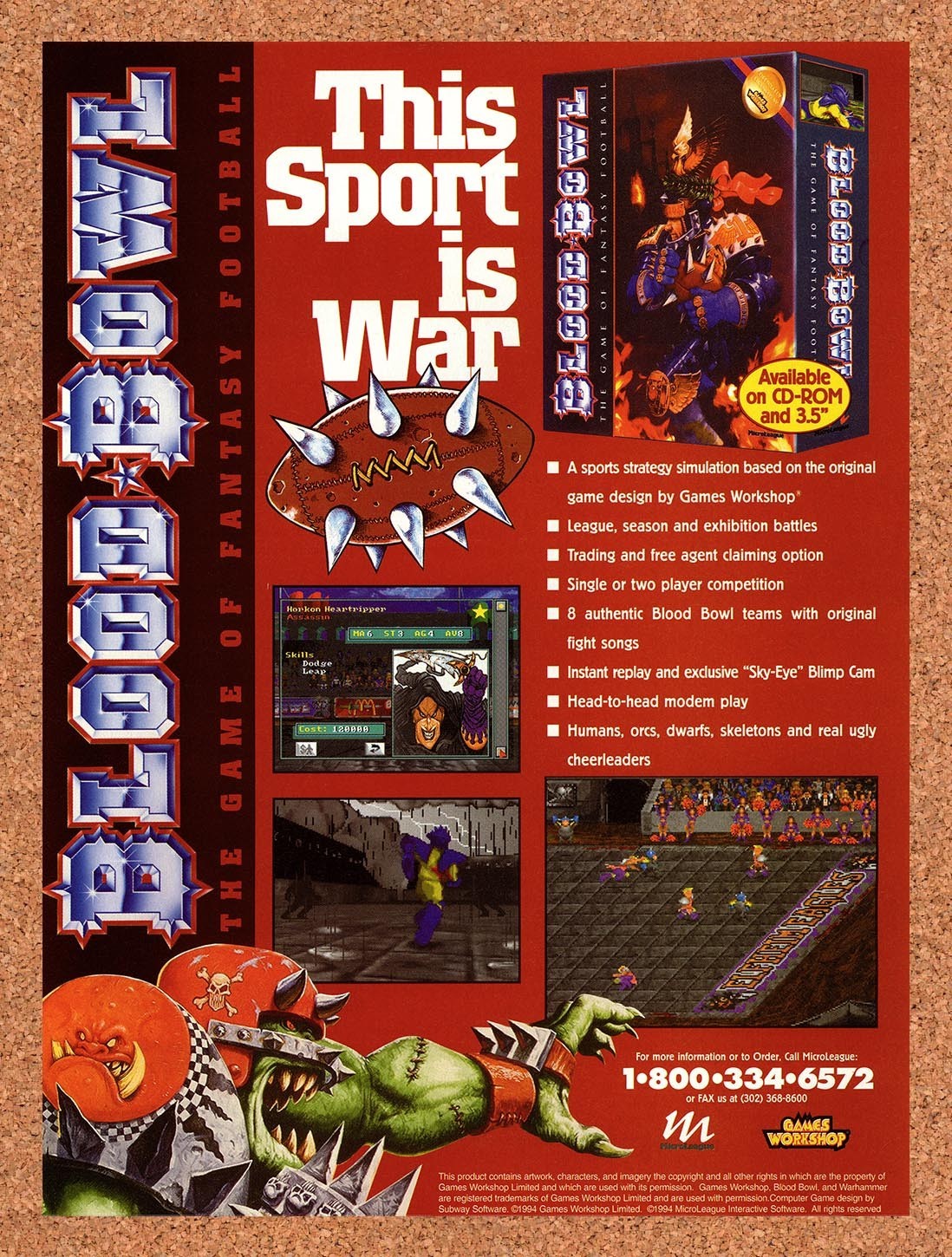 1995 Blood Bowl PC Original Advertisement / Retro Promo v2