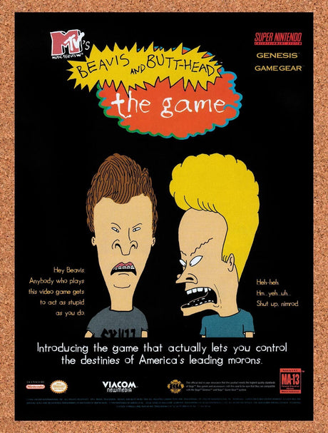1995 Beavis & Butthead The Video Game SNES Original Ad / Retro Wall Art v5
