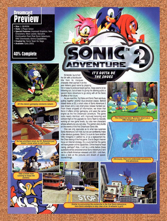 Sonic Adventure 2 Dreamcast Original 1999 Vintage Ad - Video Game Preview Promo